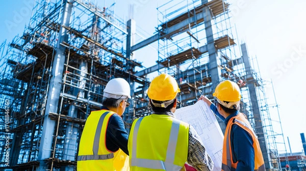 Fototapeta Construction Workers Assembling Steel Frame with Supervisor Holding Plans