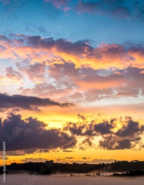 Fototapeta A vibrant sunset over a misty landscape