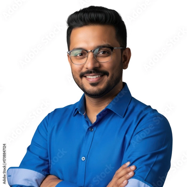Fototapeta Young man with glasses and blue shirt smiling confidently in studio portrait