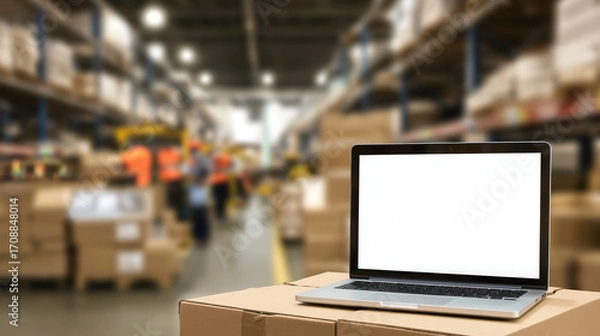 Fototapeta Warehouse Logistics Scene with Laptop Mockup and Workers in Motion