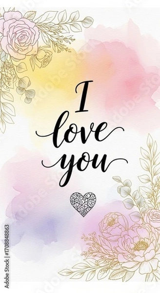 Fototapeta Calligraphic text "I love you" is centered on a watercolor background with floral elements, creating a romantic design.