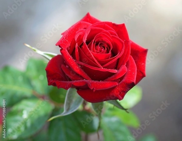 Fototapeta Close-up of a vibrant red rose with dew drops