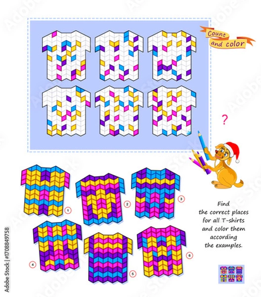 Fototapeta Logic puzzle game for kids. Find the correct places for all T-shirts and color them according the examples. Coloring book. Develop spatial thinking and counting skills. Brain teaser book. Vector image