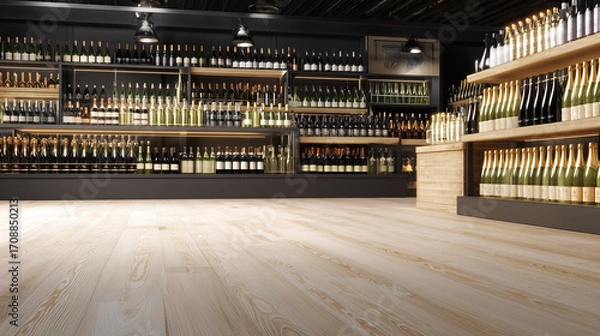 Fototapeta Wine and Champagne Bottles on Shelves with Wooden Floor Copy Space