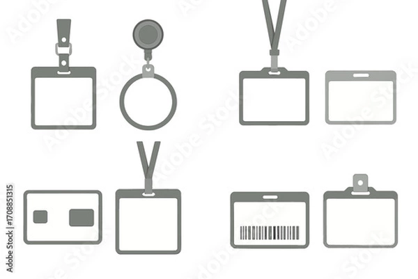 Fototapeta Office supplies flat icons set. featuring id card, badge holder, lanyard, and access card symbols