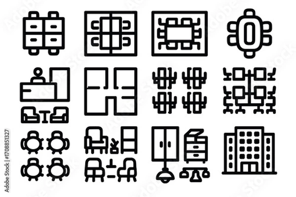 Fototapeta Office layout linear icon set. featuring desks, conference tables, reception, floor plans, cubicles, and office building