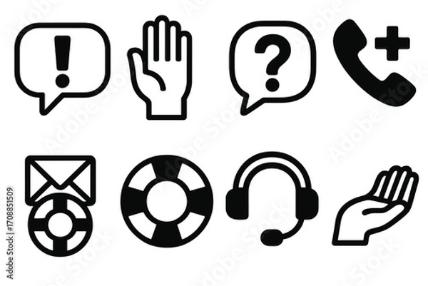 Fototapeta Customer support silhouette icon set. featuring alert, hand, question, phone, email, lifebuoy, headset symbols