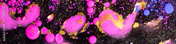 Fototapeta Abstract glamour background with neon pink gold glitter bubbles liquid texture luxury party fashion design