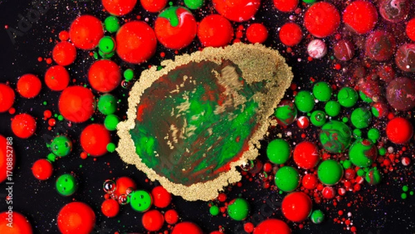 Fototapeta Christmas abstract background with red green gold bubbles liquid art texture holiday festive decoration design