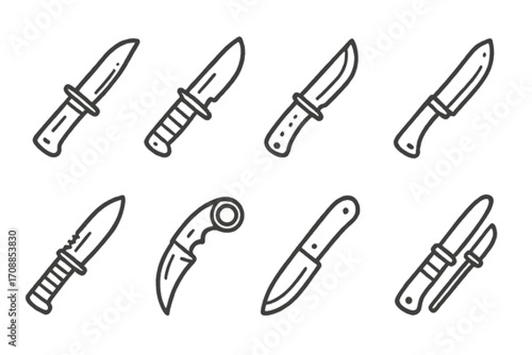 Fototapeta Set of linear knife icons on dark background for outdoor and survival themes