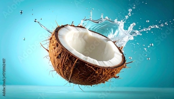 Obraz Coconut half with water splash