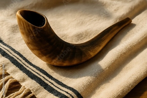 Fototapeta Call to Reflection: The Shofar Horn for Spiritual Growth and Renewal - Use for Religious Observances, Cultural Celebrations, and Thoughtful Contemplation.