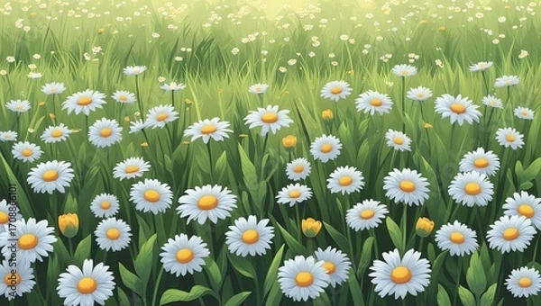 Fototapeta Daisies bloom in a sunlit meadow with tall green grass and distant yellow flowers