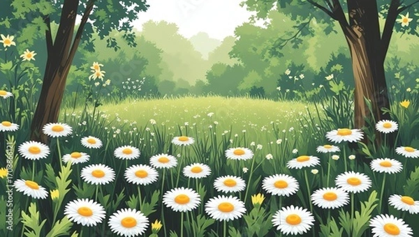 Fototapeta Daisies bloom in a sunlit meadow with trees