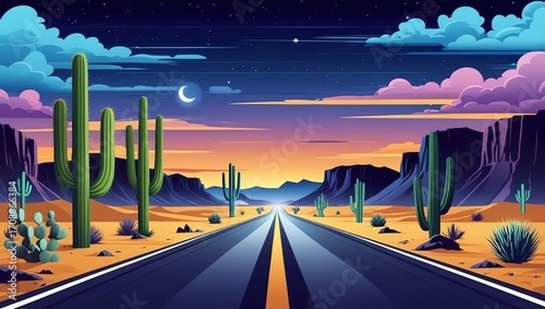 Fototapeta Desert highway at dusk with saguaro cacti and colorful clouds