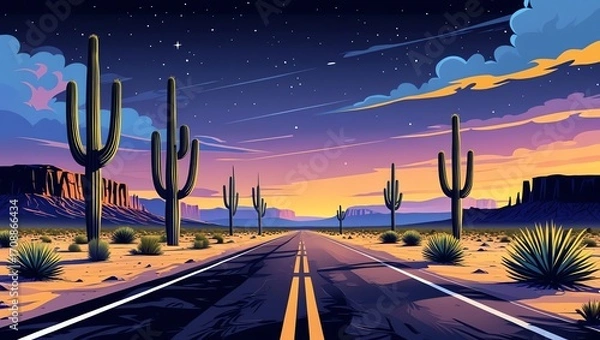 Fototapeta Desert highway at twilight with saguaro cacti and distant mesas