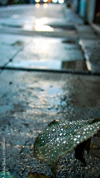 Fototapeta A wet urban street with a leaf