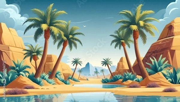 Fototapeta Desert oasis with palm trees sand dunes and a water pool