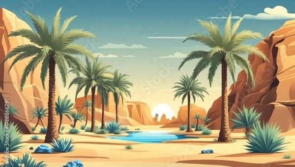 Fototapeta Desert oasis with palm trees rocks and a pool of water