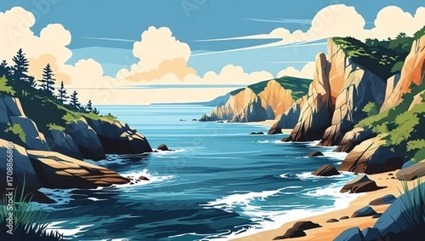 Fototapeta Dramatic cliffs meet the ocean with sparse trees dotting the landscape under a cloudy sky