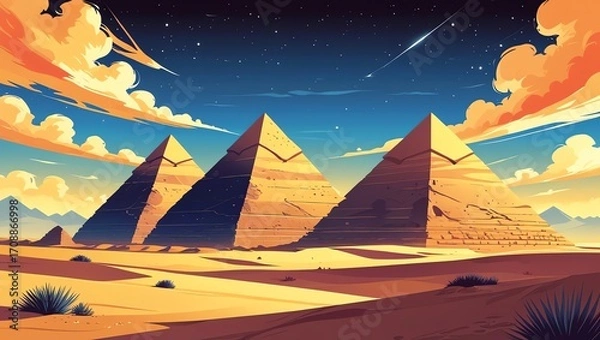 Fototapeta Egyptian pyramids under a starry sky with passing clouds and a meteor