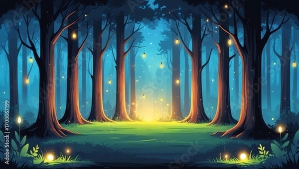 Fototapeta Enchanted forest clearing with glowing lanterns and fireflies