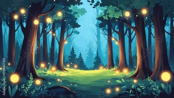 Fototapeta Enchanted forest with glowing orbs and string lights