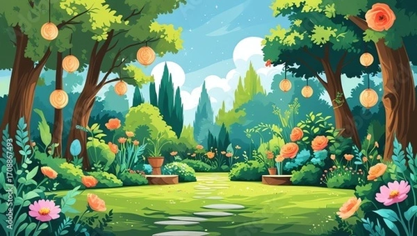 Fototapeta Enchanted garden with trees lanterns flowers and a stone path