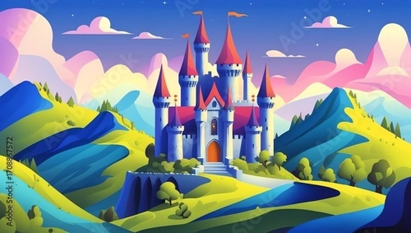 Fototapeta Fairytale castle with pointed towers on a vibrant rolling landscape under a colorful sky