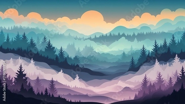 Fototapeta Foggy mountain range with layered evergreen trees and a soft sunset