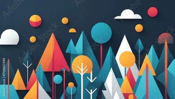 Fototapeta Geometric forest with colorful trees and suns against a dark sky