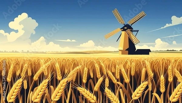 Fototapeta Golden wheat field with a windmill under a blue sky