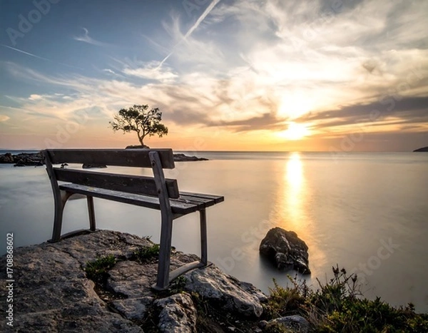 Obraz Empty bench at sunset over calm sea