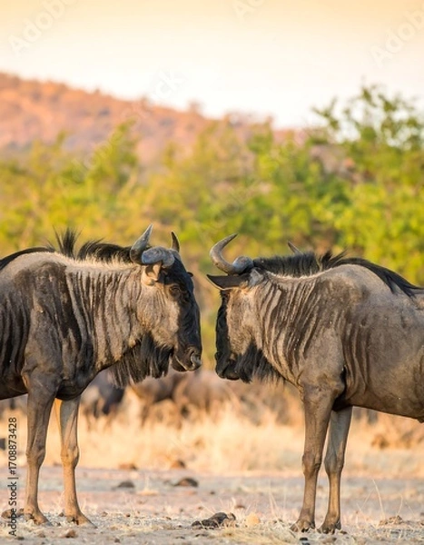 Fototapeta Two wildebeest facing each other in savanna at dawn
