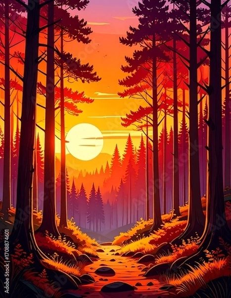 Obraz Autumn forest at sunset