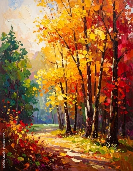 Obraz Autumn forest path, vibrant colors