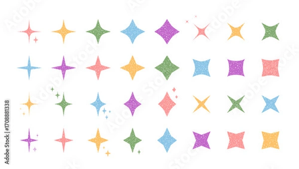 Fototapeta Festive pastel chalk star set with glowing outline and twinkle shine symbol. Sparkle graphic star in scribble style, firework ornament for holiday and celebration decoration, creative concept