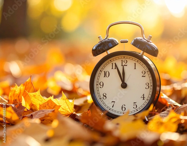 Fototapeta Vintage Alarm Clock on Vibrant Autumn Leaves, Golden Hour Backlight, Daylight Saving Time Change.
