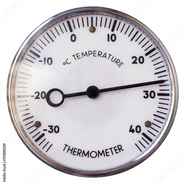 Obraz Thermometer with shape of circle and analog centigrade scale. Round analog thermometer with scale, isolated on white background, with clipping path 