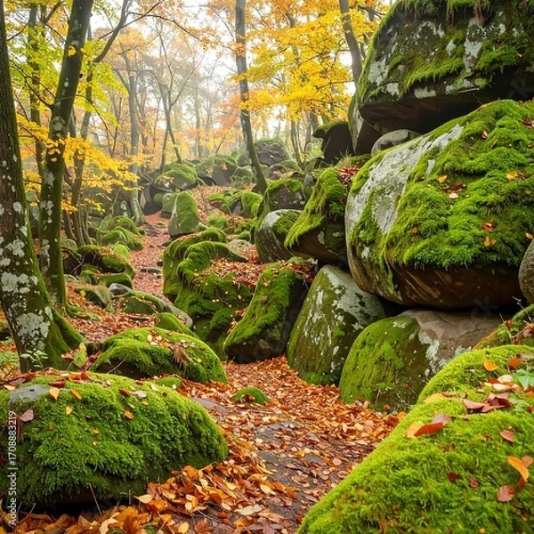 Obraz Autumn forest path with mossy rocks