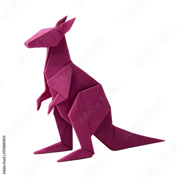 Fototapeta Photorealistic Magenta Origami Kangaroo Sculpture Isolated on White Background