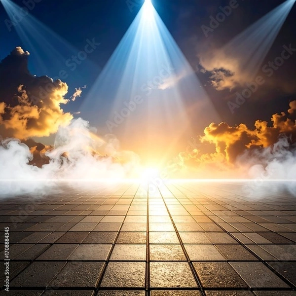 Obraz Empty paved path, spotlights, sunrise