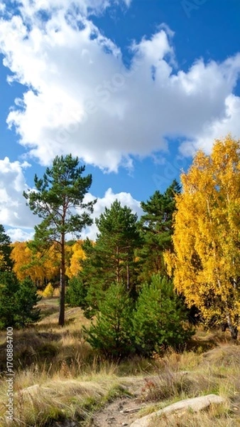 Obraz Autumn forest scene under a partly cloudy sky