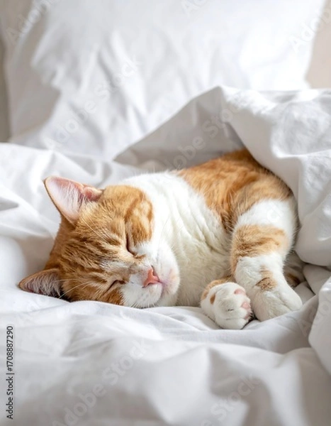 Obraz Orange and white cat sleeping in white sheets