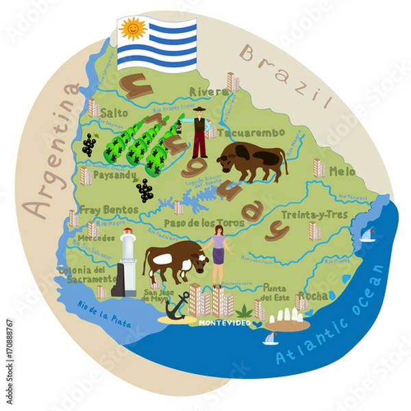 Obraz Uruguay. Vector cartoon illustration of the Uruguay map with the architecture doodle, attractions, landmark symbols. Vector illustration with all main symbols of the country.