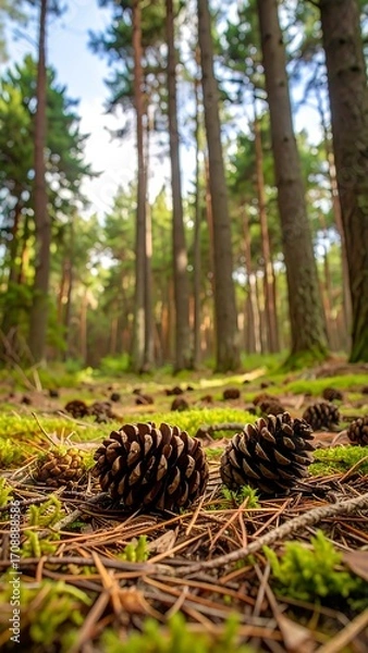 Fototapeta Forest floor with pine cones