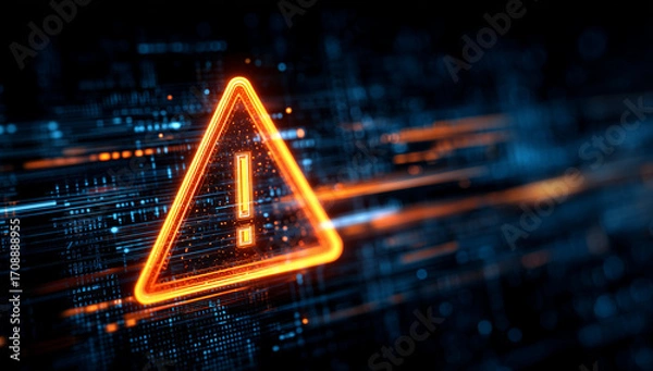 Fototapeta a digital orange triangle with an exclamation mark inside, set against the backdrop of blue computer code and data streams Generative AI
