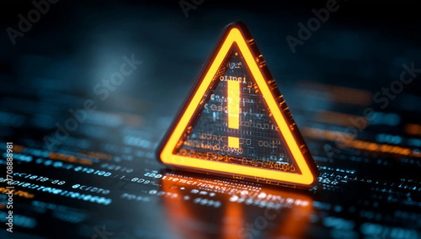 Fototapeta a digital triangle warning sign glowing orange on top of computer code, indicating an error system has crashed and is not responding Generative AI