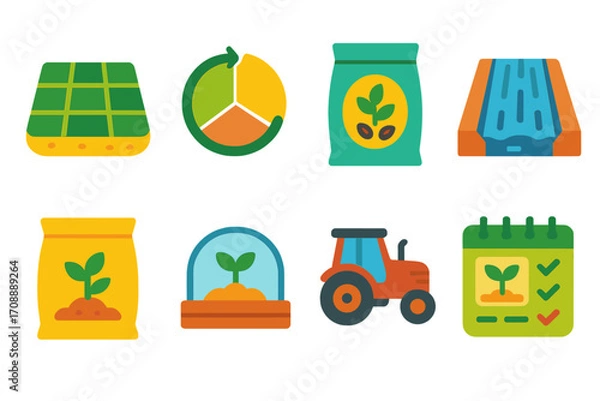Fototapeta Agriculture vector icon set. featuring solar, pie chart, irrigation, seeds, greenhouse, tractor, and calendar symbols