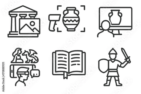 Fototapeta History and archaeology linear icon set. featuring museum, artifact, virtual reality, book, and warrior symbols